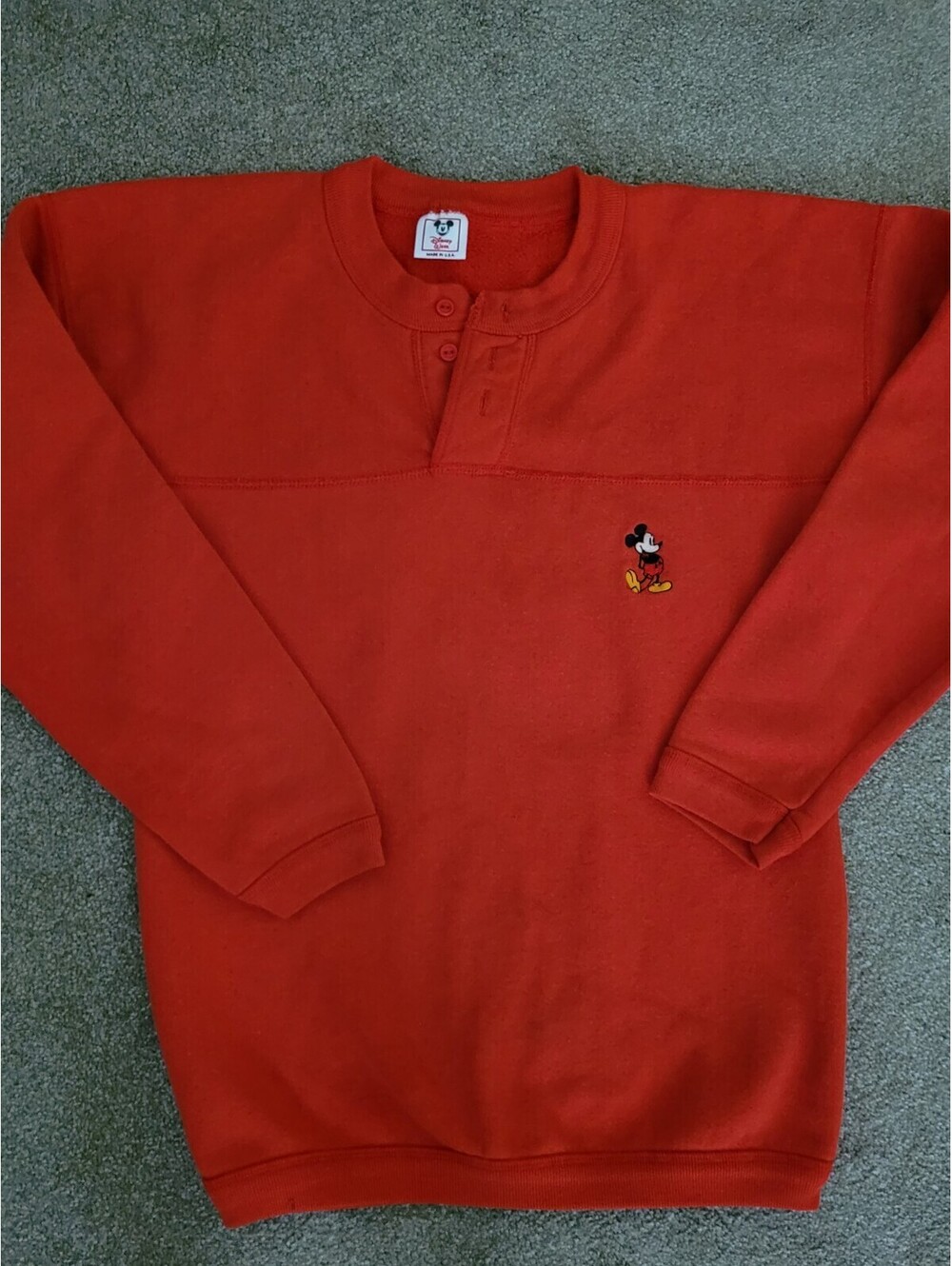 Vtg Disney Mickey Mouse 1/4 Button Henley Red Sweatshirt Youth Medium USA